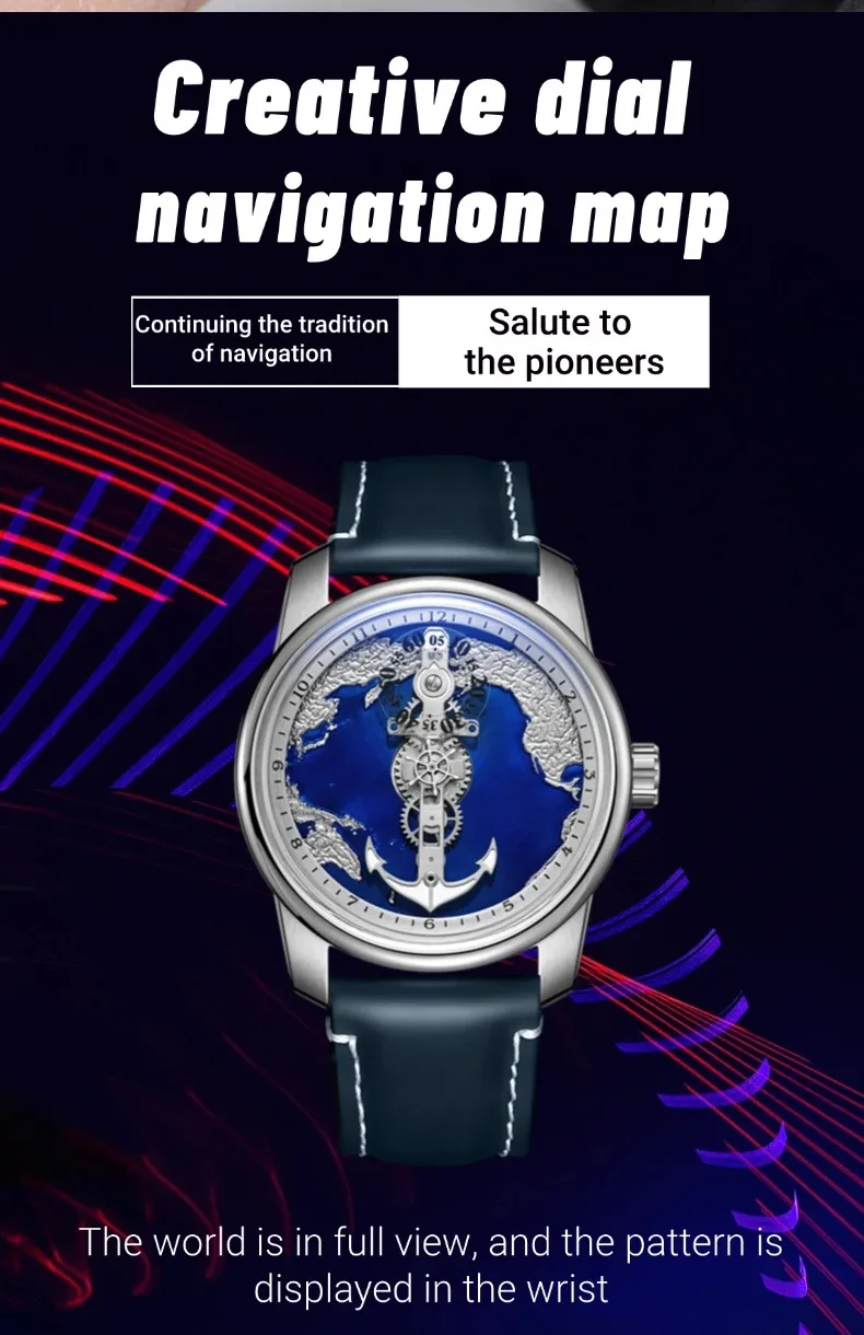 Автоматические Мужские часы OBLVLO, роскошные механические наручные часы 42 мм, водонепроницаемые часы с сапфировым навигационным циферблатом и картой