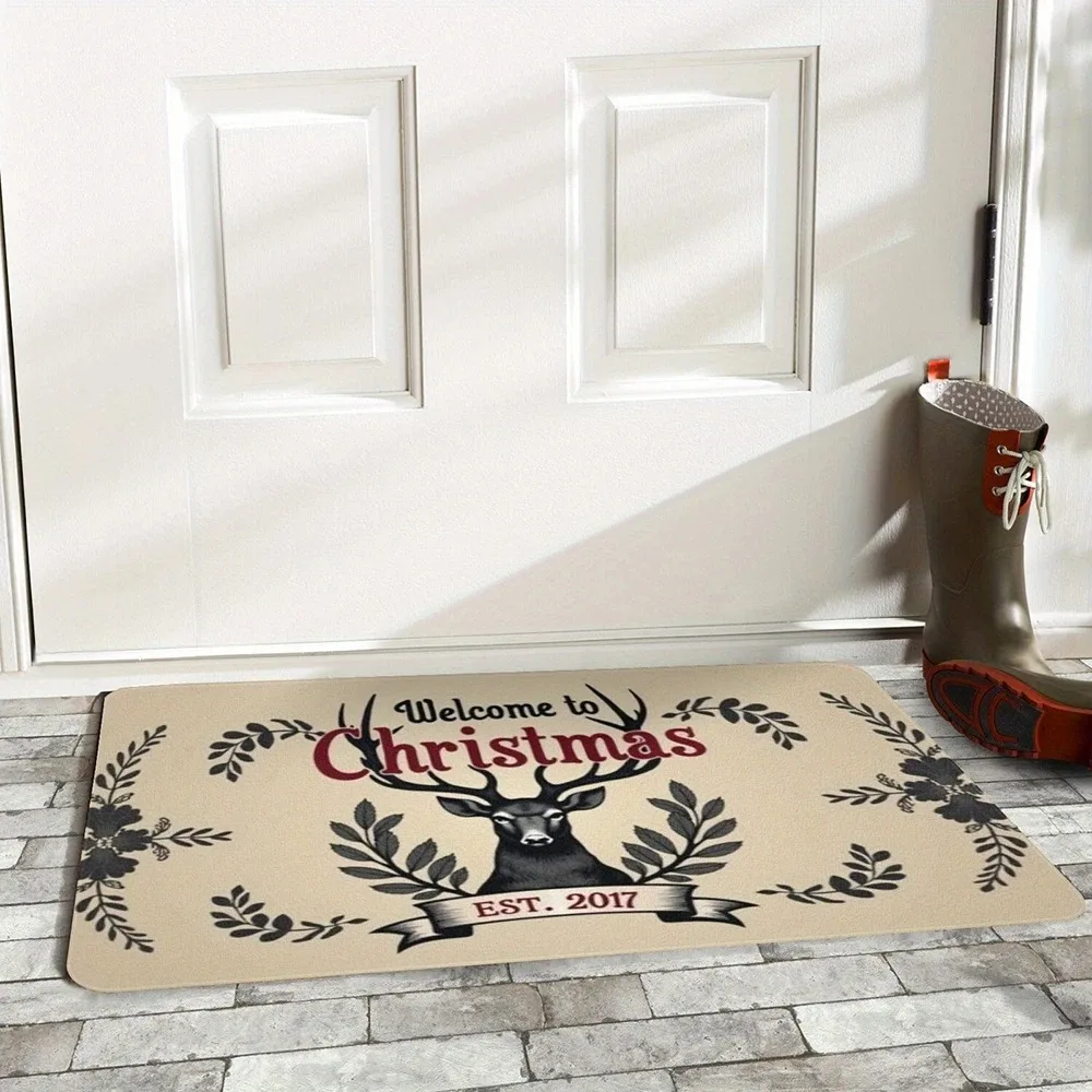 1pc Christmas Welcome Mat with Plaid Tree - Winter Indoor Outdoor Doormat for Front & Rear Door
