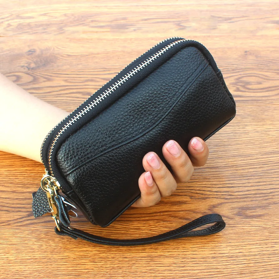 

Trendy ell aped Handbag Women's Wallet Top Layer Cowhide Double Zipper Pure Color Mobile Phone Bag Faionable Clutch