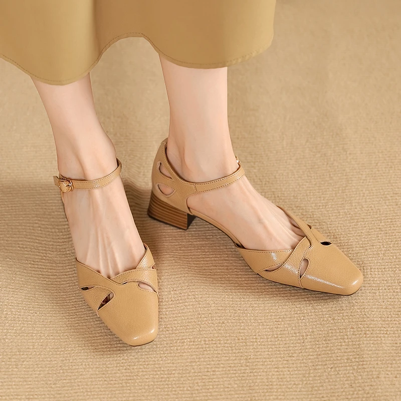 Summer Women Sandals Genuine Leather Shoes for Women Cover Toe Cover Heel Shoes Square Toe Low Heel Concise Designer Sandals