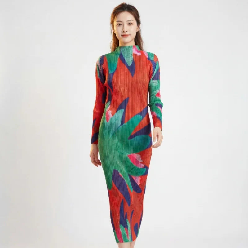 

Miyake High-end Pleated Floral Printting Women's Dress 2025 Autumn New Trend Long Sleeve Elastic Casual Famale Clothing 2DB4652