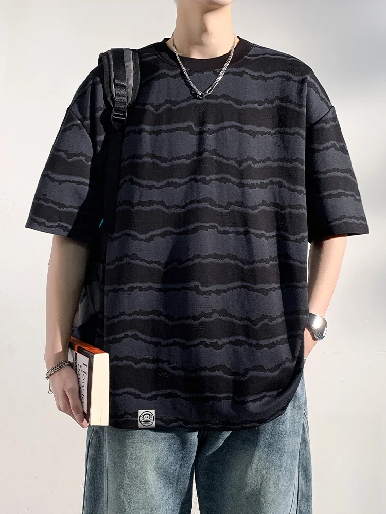

Heavyweight Striped Loose Fit ort Sve T-irt for Men Summer Spor Casual round Ne Top Youth Faion