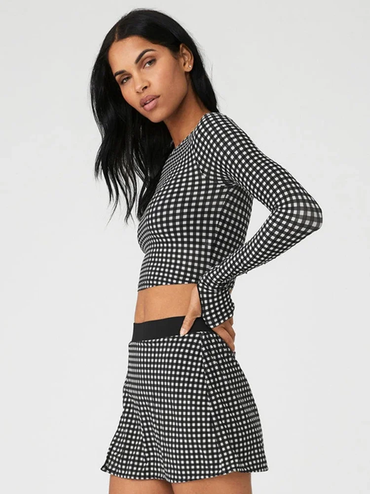 

O-Neck Crop Top Plaid Printed Skirt Sets Long Sleeve Two Piece Sets Causal Conjunto Dos Piezas Mujer Y2k Fashion Womens Outifits