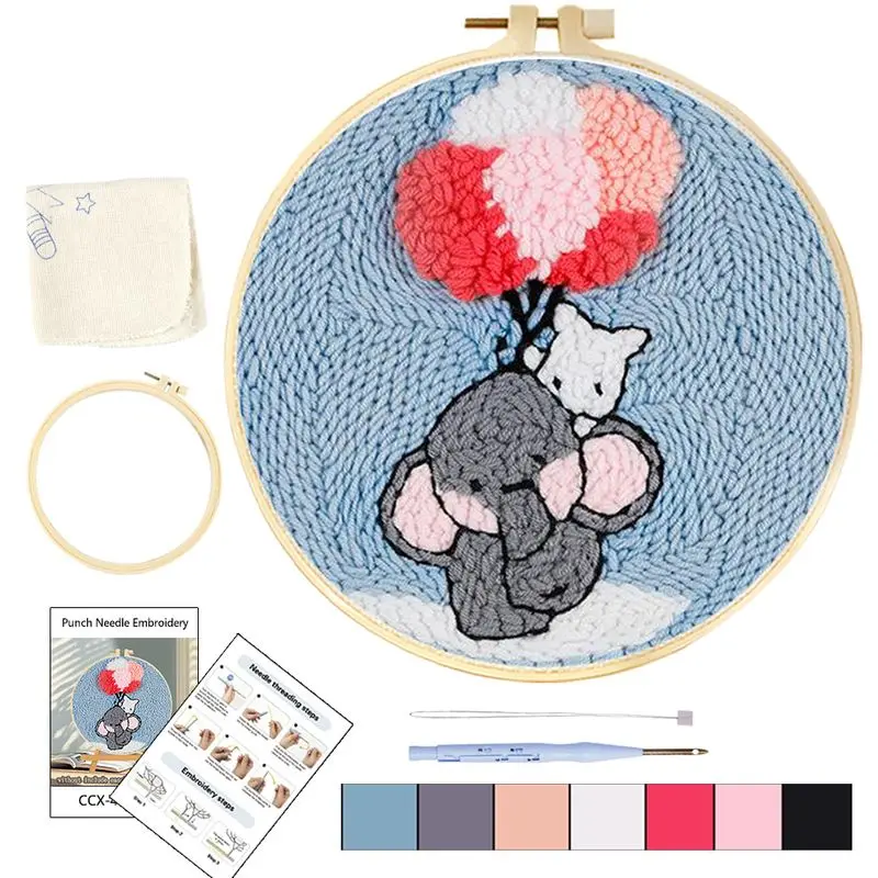 

1 Pack Animal Elephant Punch Needle Kit With Instruction Needle Threader Pen Kit For Diy Craft