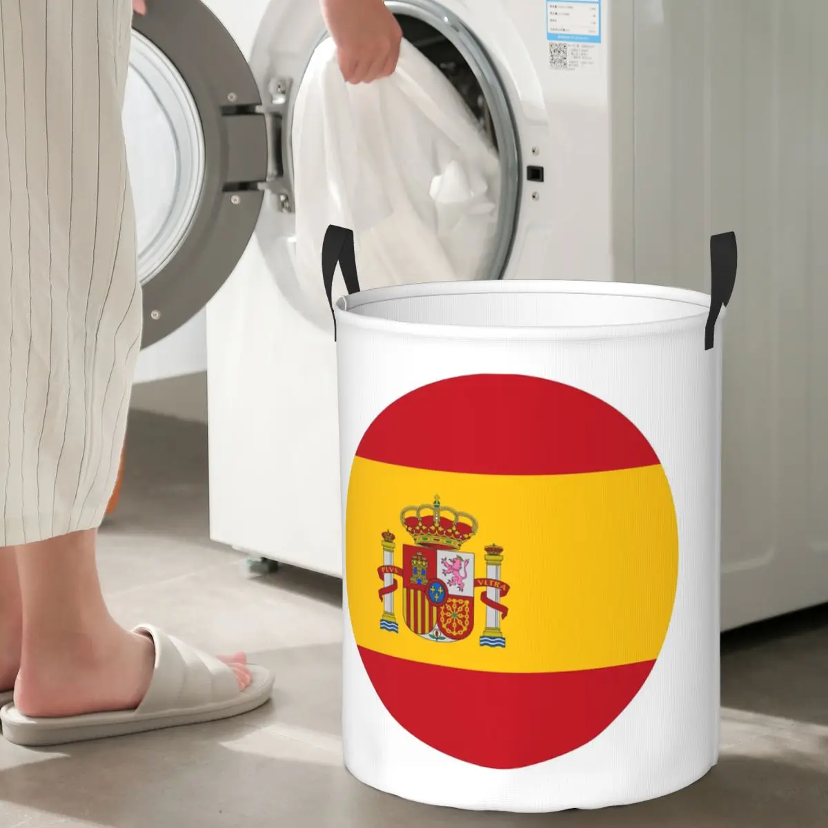 

Spain Spanish Flag Round Foldable Laundry Baskets Dirty Clothes Sundries Storage Basket Large Waterproof Bag