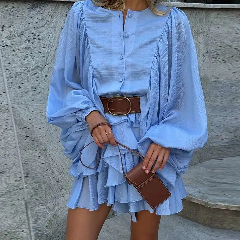 Feminino casual o pescoço botão lanterna manga 2025 moda festa curto em camadas plissado solto primavera verão vestido