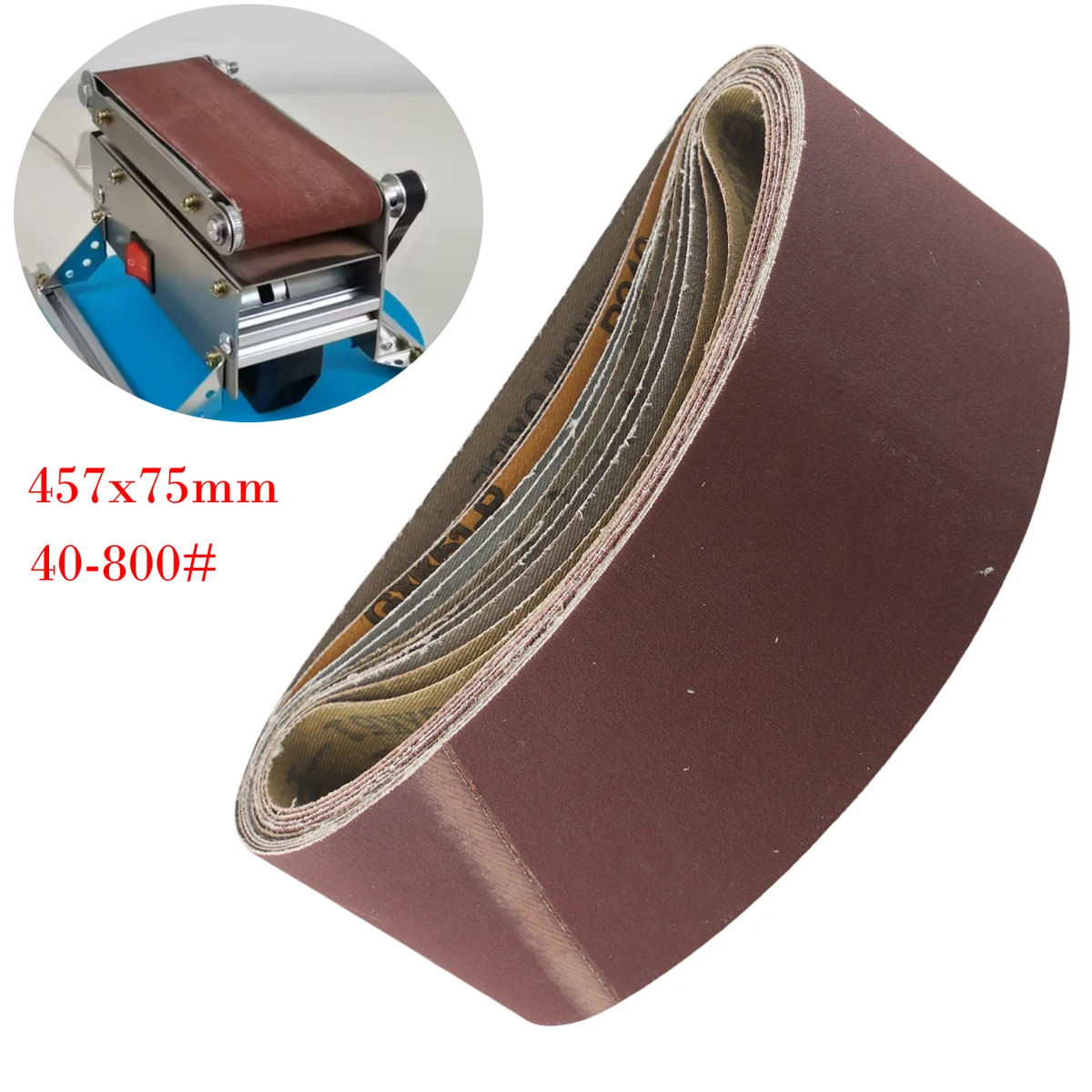 Five Piece Set of Sanding Belts (Aluminum Oxide) at Size 457x75mm with Abrasive Grains of Varying Degrees 40 120