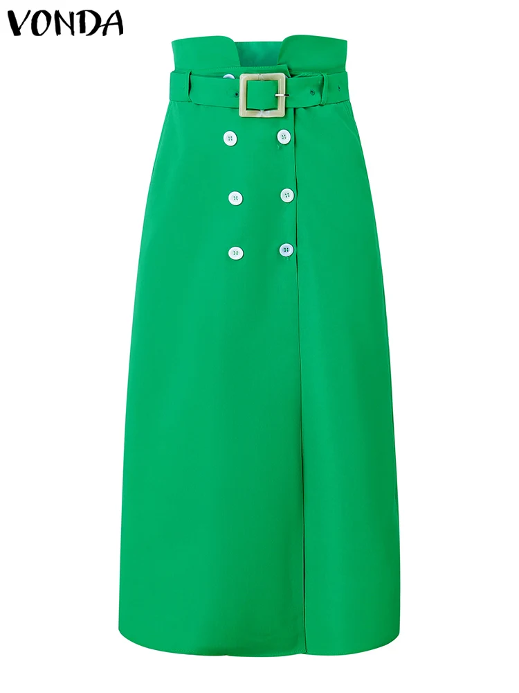 

Office Lady Long Skirts Women Casual Waistband Button Design Slit Overskirts Elegant Solid Color Bottoms Plus Size VONDA 2025