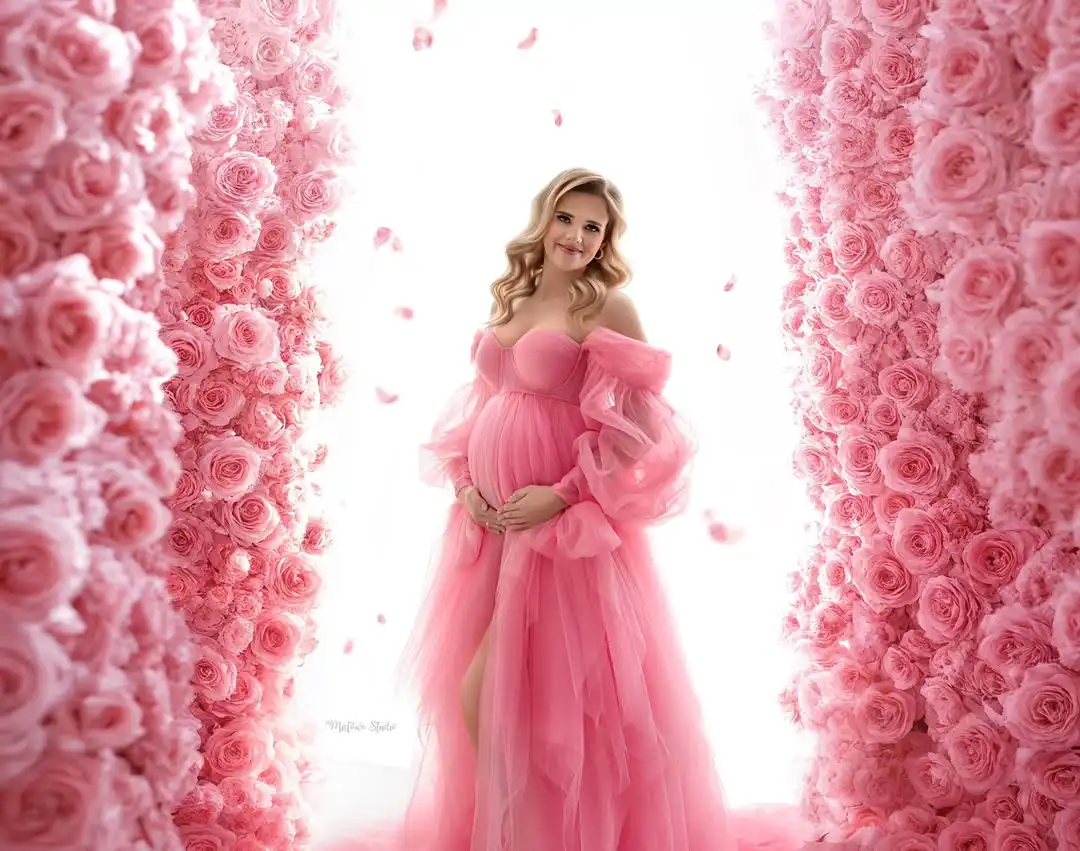 Pêssego rosa tule vestidos para grávidas fora do ombro querida vestidos de fotografia para as mulheres frente aberta vestido de festa grávida