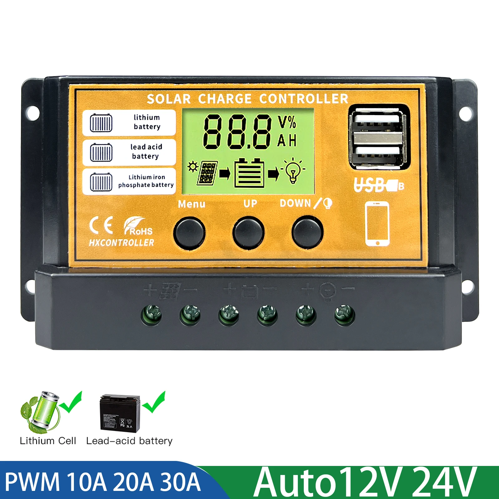 24 shipping 10A 20A 30A PWM Solar Charge Controller 12V 24V PV Solar Panel Regulator For Lithium lead acid battery