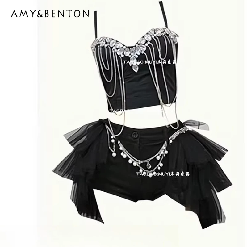 

Original Design Black Stage Performance Heavy Embellished Diamond Women's Sling Punk New Sweet Cool Sexy Mini Skirt Set Ladies