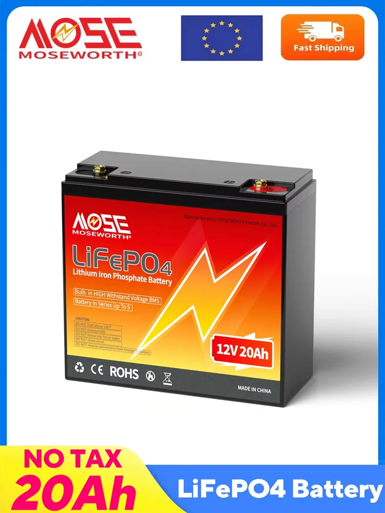 MOSEWORTH 12V 20Ah Lithium LiFePO4 Tiefzyklusbatterie mit BMS Lithium-Eisenphosphat Wiederaufladbare Batterie für Solarleuchten und Camping