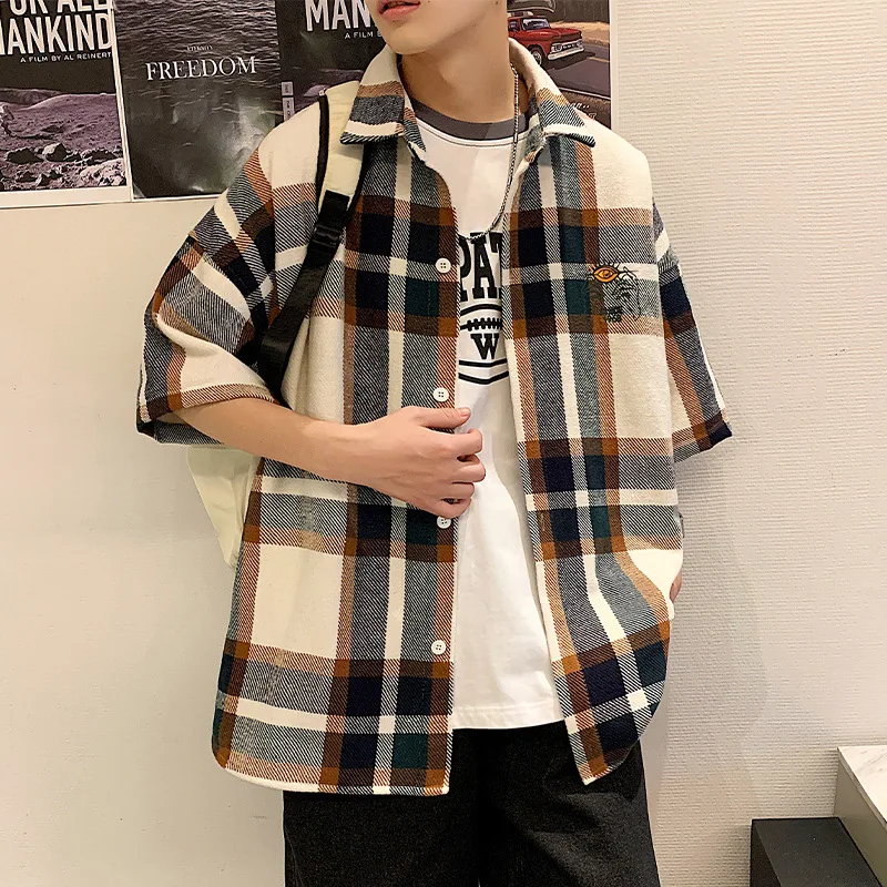 2023 New 100% Cotton Men Casual Plaid Shirt Short Sleeved Korean Style Fashion Striped Loose Harajuku Clothes Streetwear 2XL 3XL