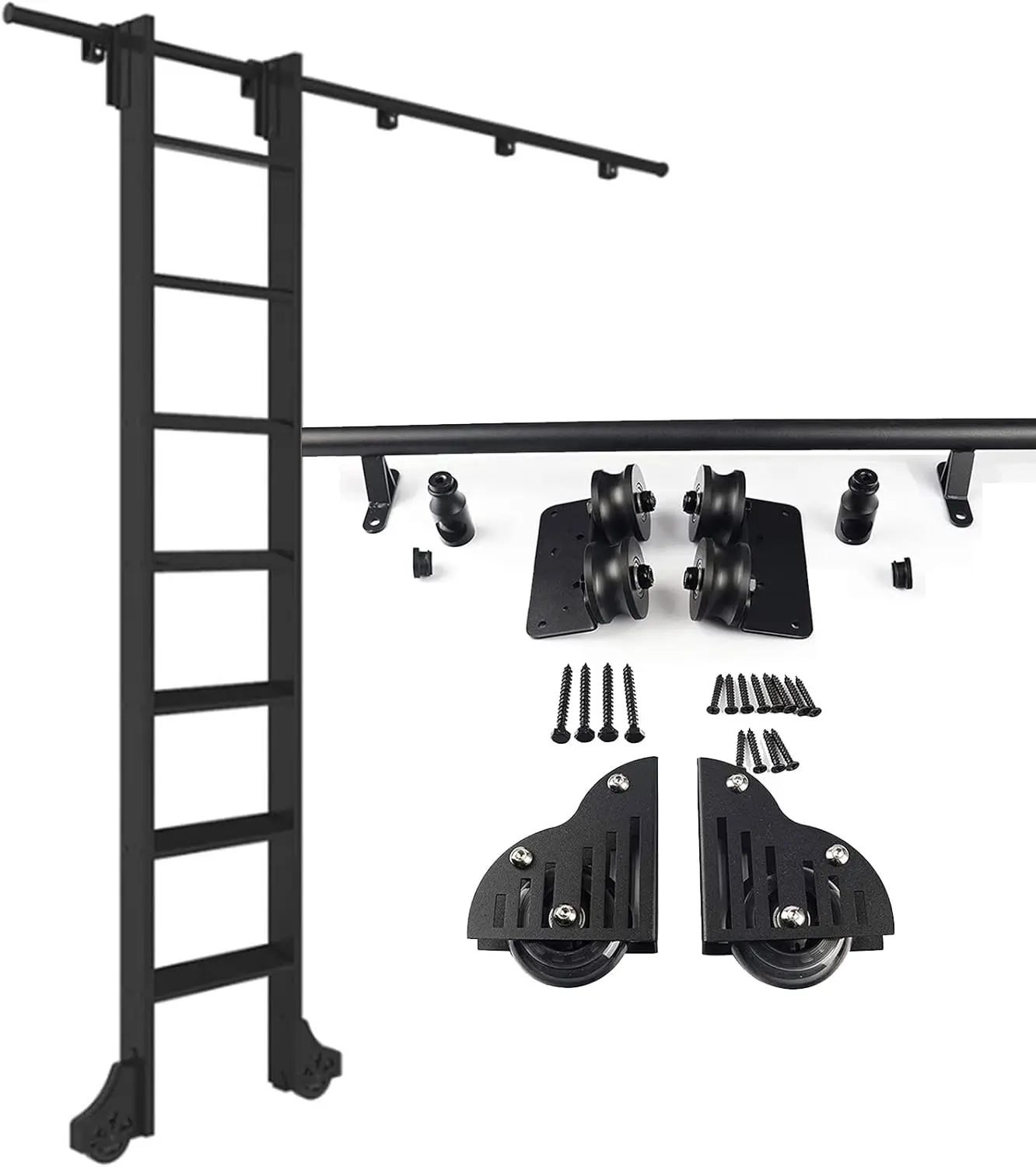 Sliding Door Track Kit Library Rolling Ladder Hardware Full Set，(No Ladder) Steel Round Tube Mobile Ladder Track With Floor