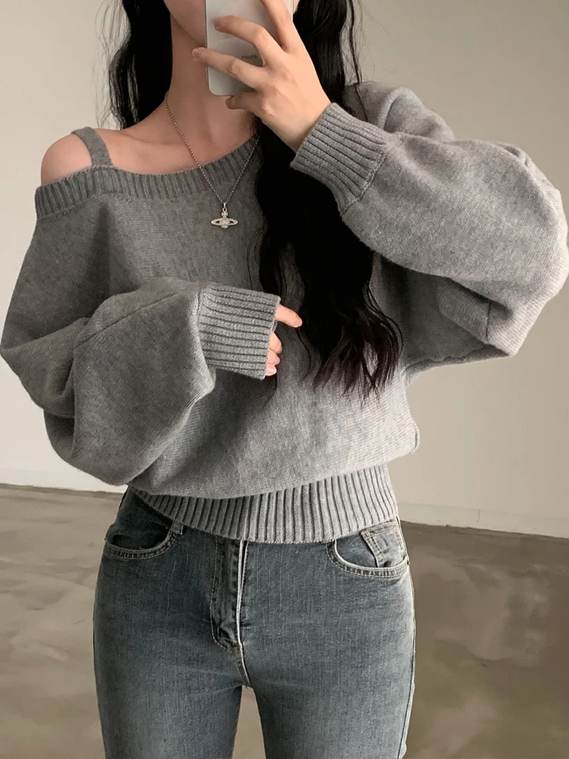 Retro Short Knitted Sweater Women's Fashion Sexy Shoulder Bared Batwing Sleeve Knitwear Outerwear Casual Commute Style Long S...