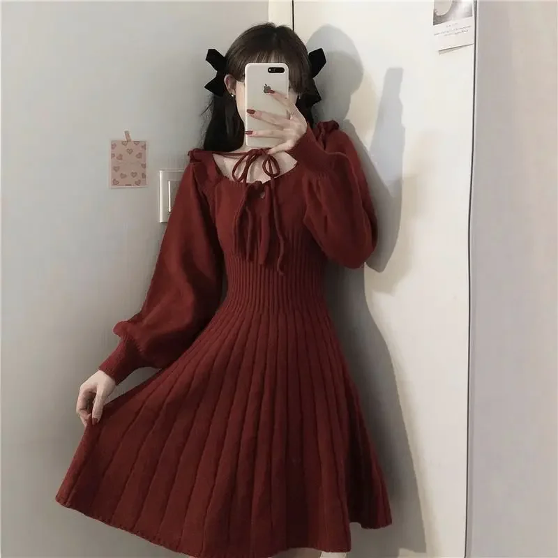 2023 Sweet Knitted Dress Women Autumn Winter Elegant Dress Female Red French Style Party Dress Clothes Lady