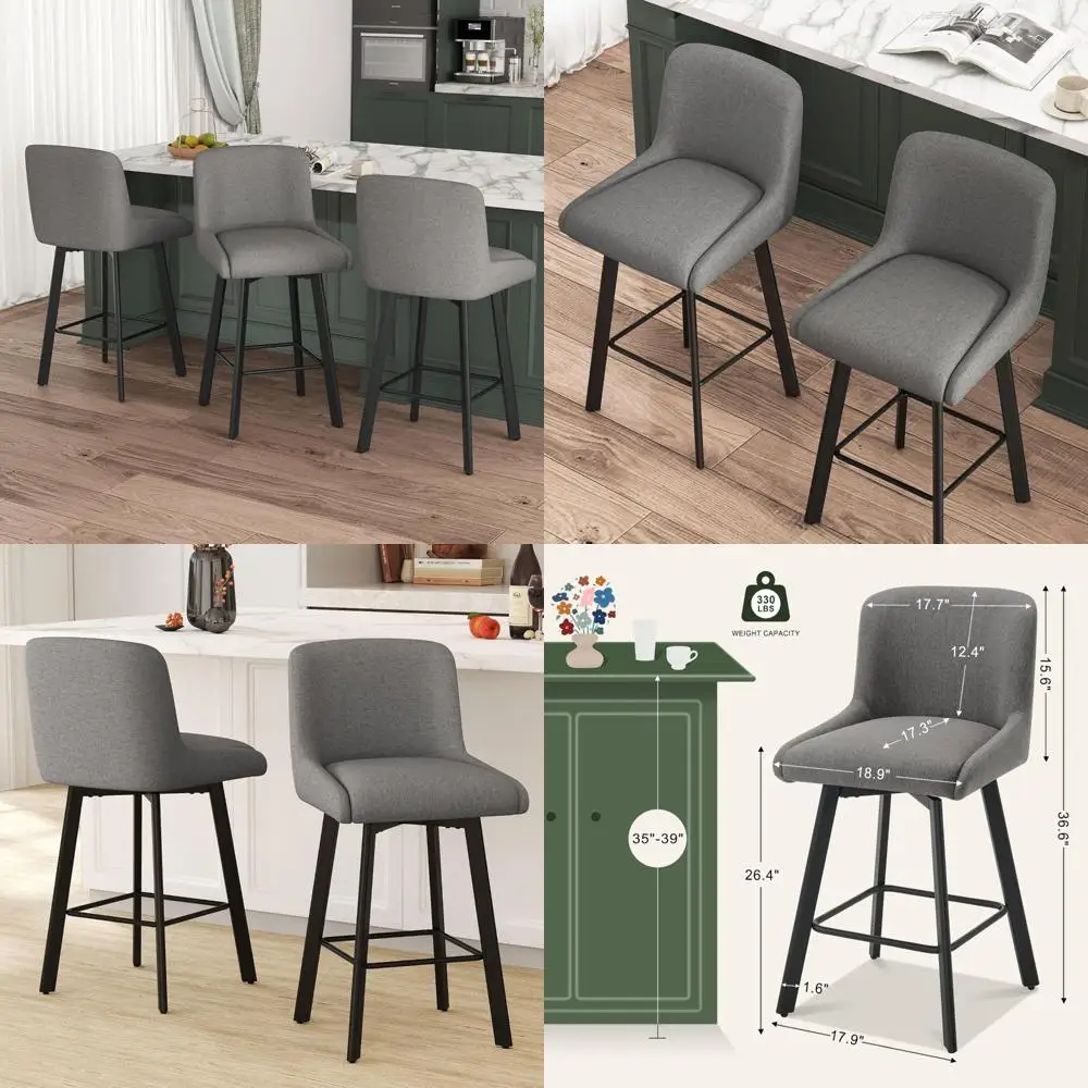 

Set of 3 Modern Upholstered Counter Height Bar Stools, 26" High with Backs, Suitable for Kitchen Island