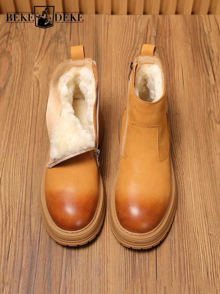 Mens Genuine Leather Snow Boots Winter Zipper Thicken Warm Wool Lining Outside Non Slip Platform Shoes Male Casual Short Boots