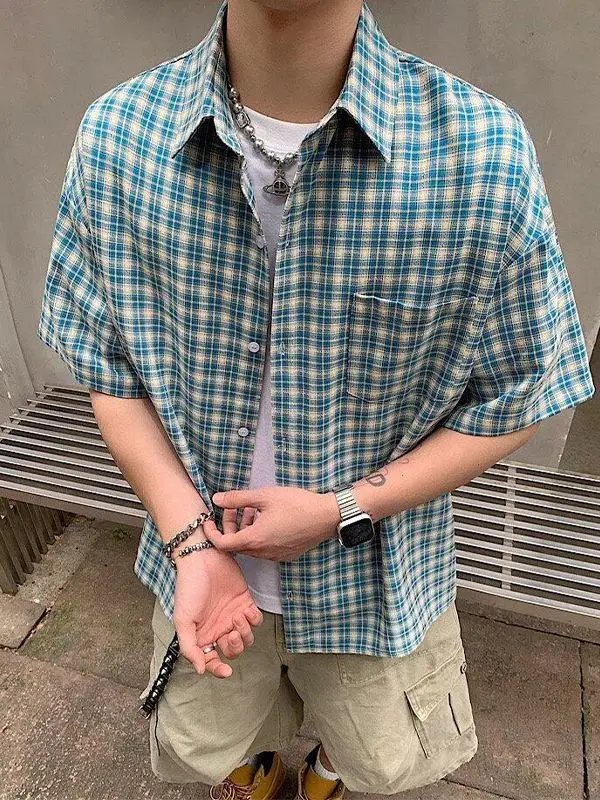

Retro Short-sleeved Plaid Shirt Men's Summer Boys Loose Half-sleeved Shirt Top