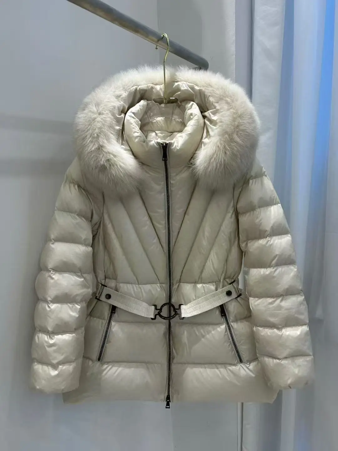 Ladies Luxury  Fur Collar Hooded down Jaet Mid-Length Waist-Cinching Faionable Outerwear Korean Sle Commute Wind