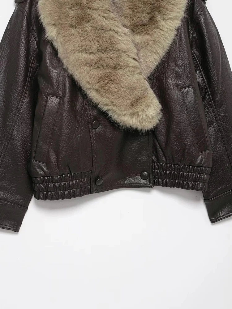 Femmes nouveau élégant col de fourrure vestes femmes à manches longues en cuir Patchwork Double boutonnage veste ample vêtements d'extérieur pour femmes