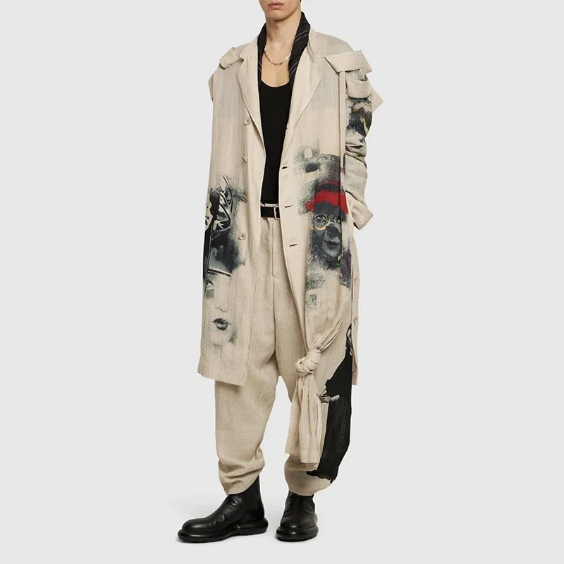 YOJI OOAK معطف سترة متأرجح غير متماثل بنمط مطبوع أصلي داكن وشارة كتف ومعطف بعقدة من القنب #1