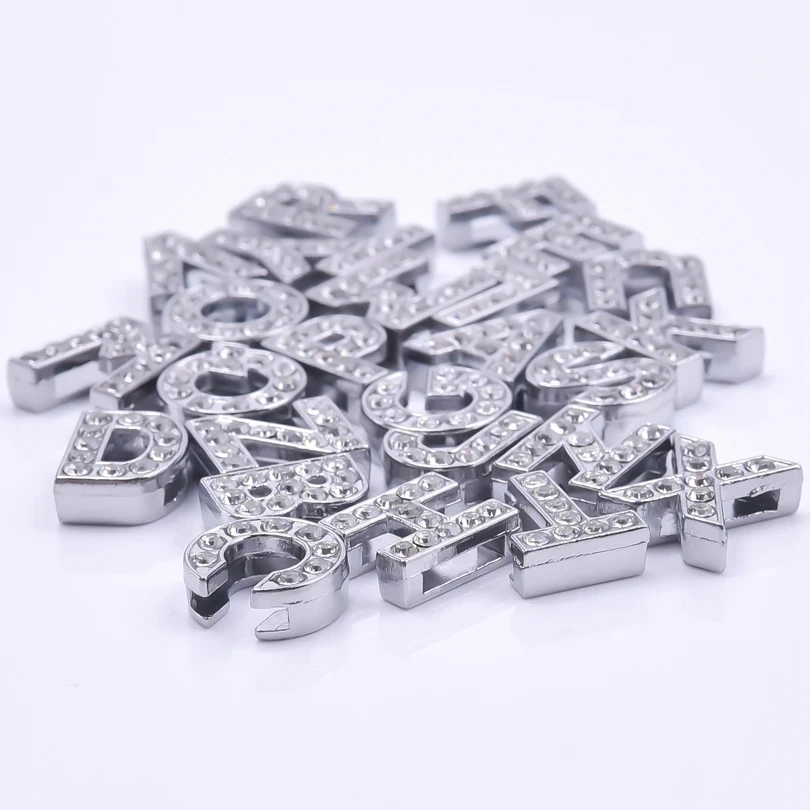 50PCS/lot Hole 8mm Bling Slide Letter DIY Slide Charm Rhinestones English Alphabet Fit for 8mm Wristband Bracelet Pet Collars