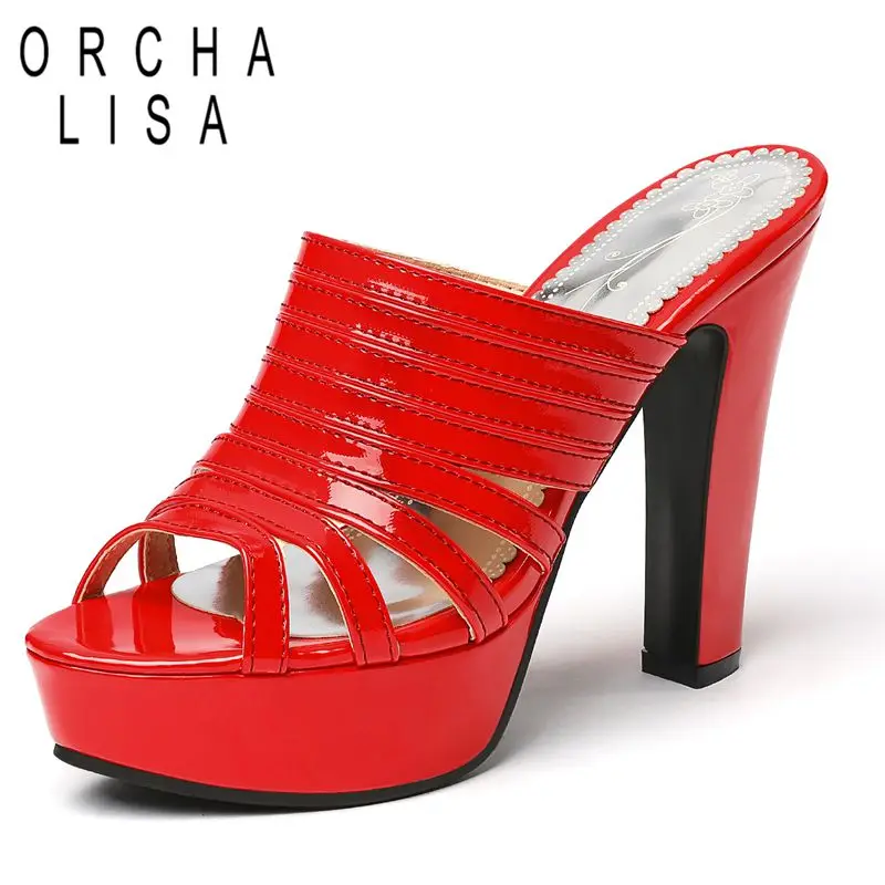 

ORCHA LISA Sexy Female Sandals Peep Toe Chunky Heels 11.5cm Platform 3.5cm Slip On Mules Plus Size 48 49 50 Classic Daily Shoes