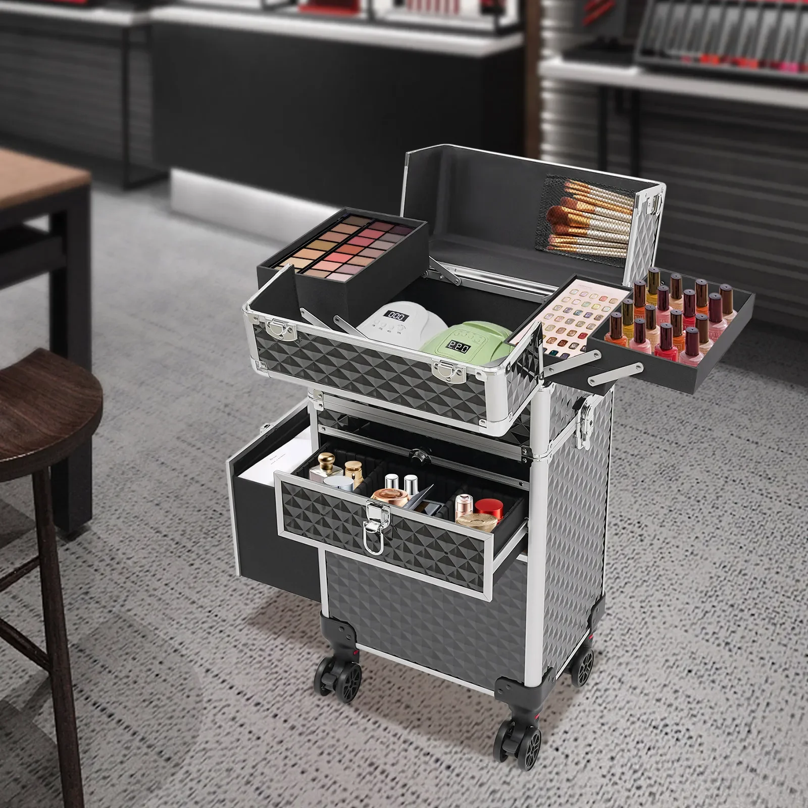 

Professional Rolling Makeup Train Case, Multi-functional Cosmetic Trolley, Large Storage Traveling Cart Trunk
