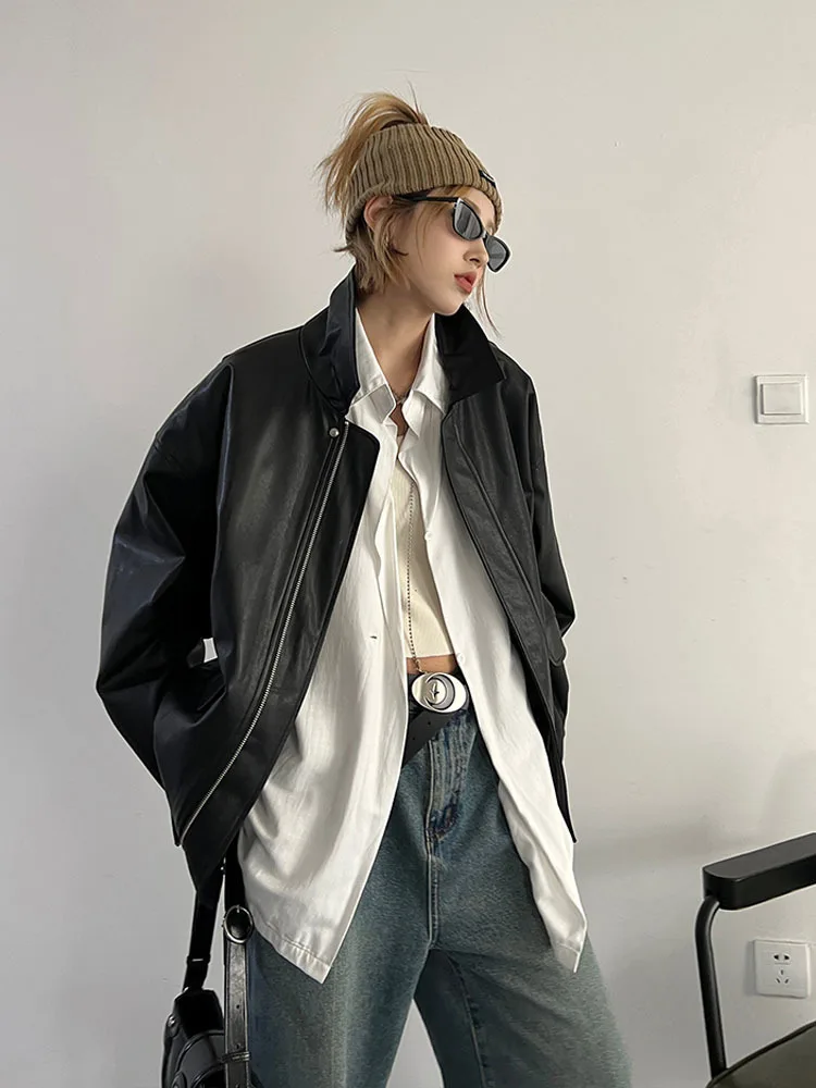 جاكيت نسائي من الجلد الصناعي ، معطف بني للدراجات النارية ، ملابس خروج كورية فضفاضة للشارع ، ربيع وخريف للإناث ، جديد ، عتيق ،