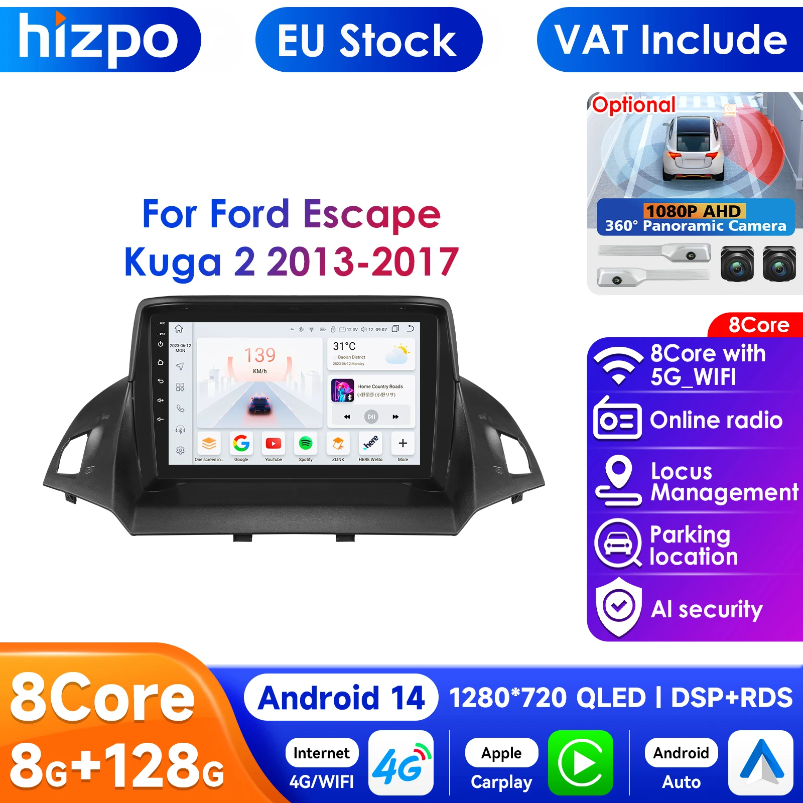 Carplay 4G-LTE Android Auto Autoradio Lettore per Ford Kuga 2 Escape 3 2013 - 2017 AutoRadio Lettore Video Multimediale di Navigazione