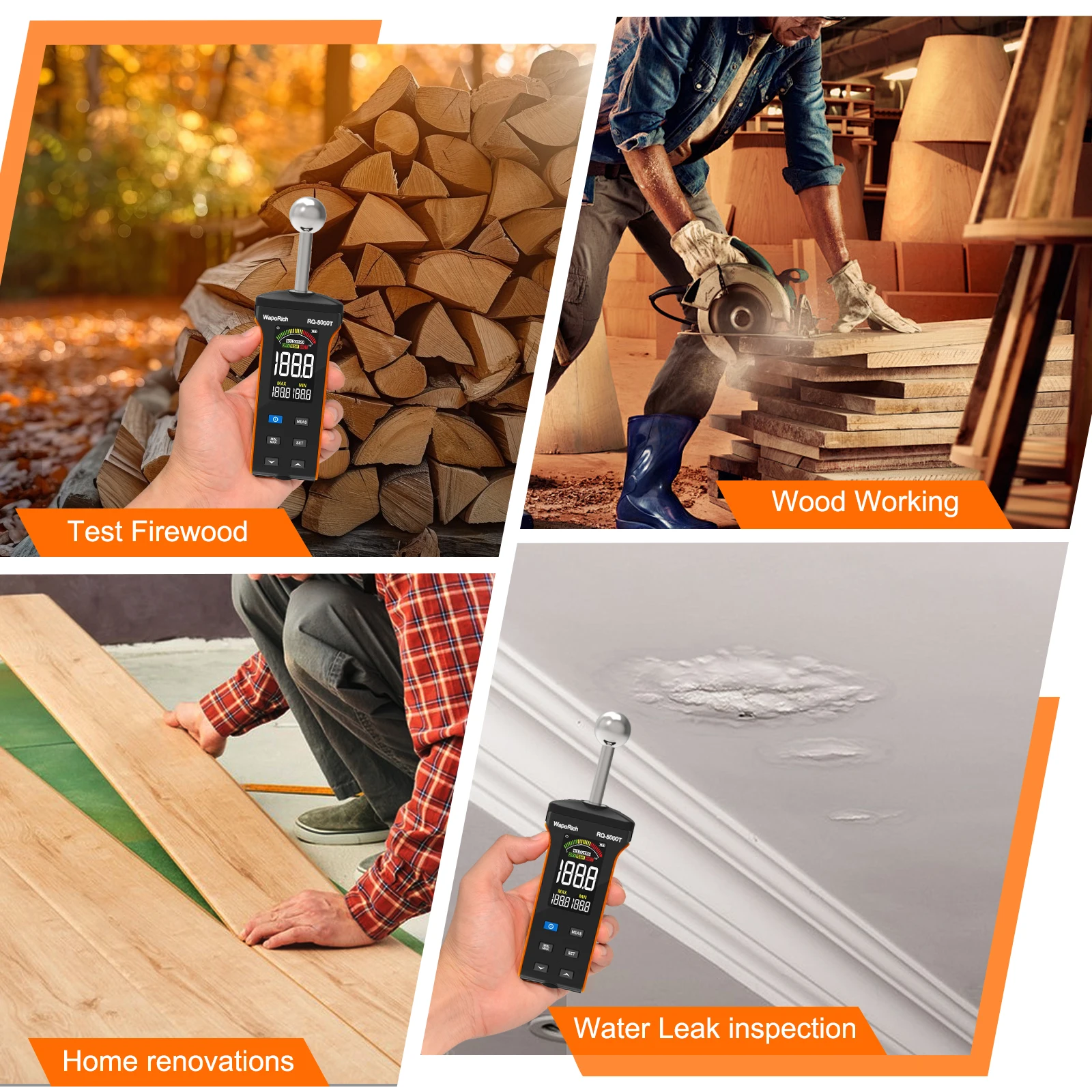 مقياس رطوبة الخشب، مقياس رطوبة بدون دبابيس للخشب، مستشعر رطوبة الحائط غير المتصل، جهاز اختبار الرطوبة الرقمي مع إنذار مسموع