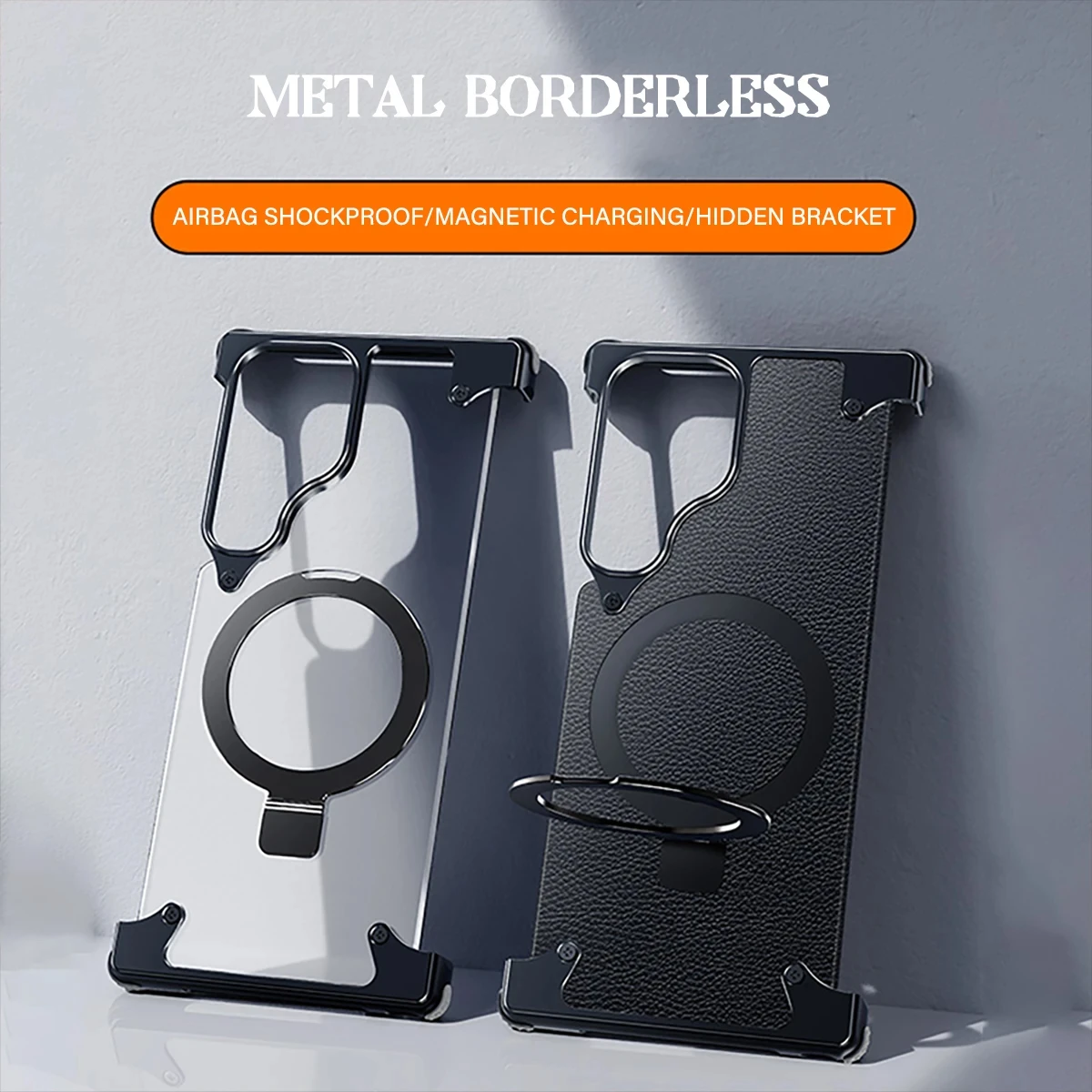 Aluminum Alloy Transparent Phone Case for Samsung Galaxy S23, Ultra Frameless Phone Case with Ring Holder