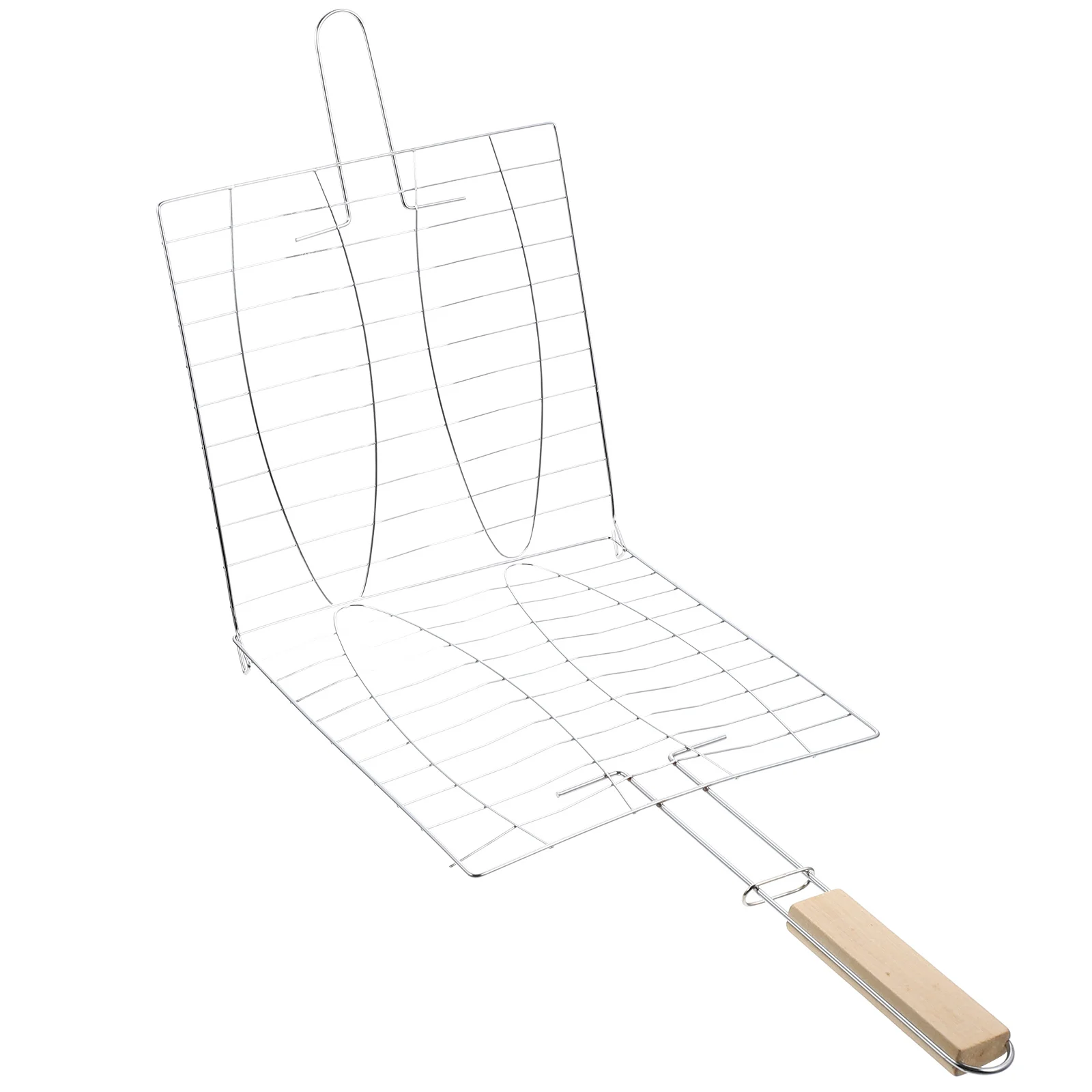 

Grilled Fish Clips Vegetable Mesh Metal Baskets Beef Rack Easy Clean Camping Wooden Handle BBQ Tools Outdoor Picnic