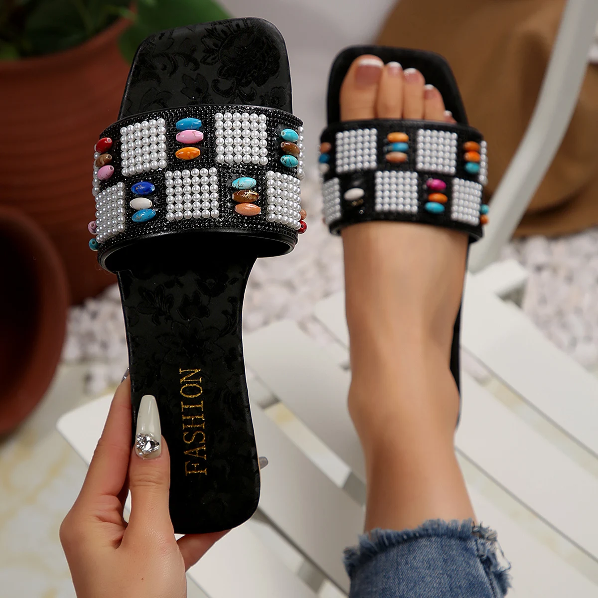 

Women Slippers Summer Fashion Beach Shoes Mules Casual Indoor Home Slippers Selling Sexy Square Toe Flat Sandals Slides Women