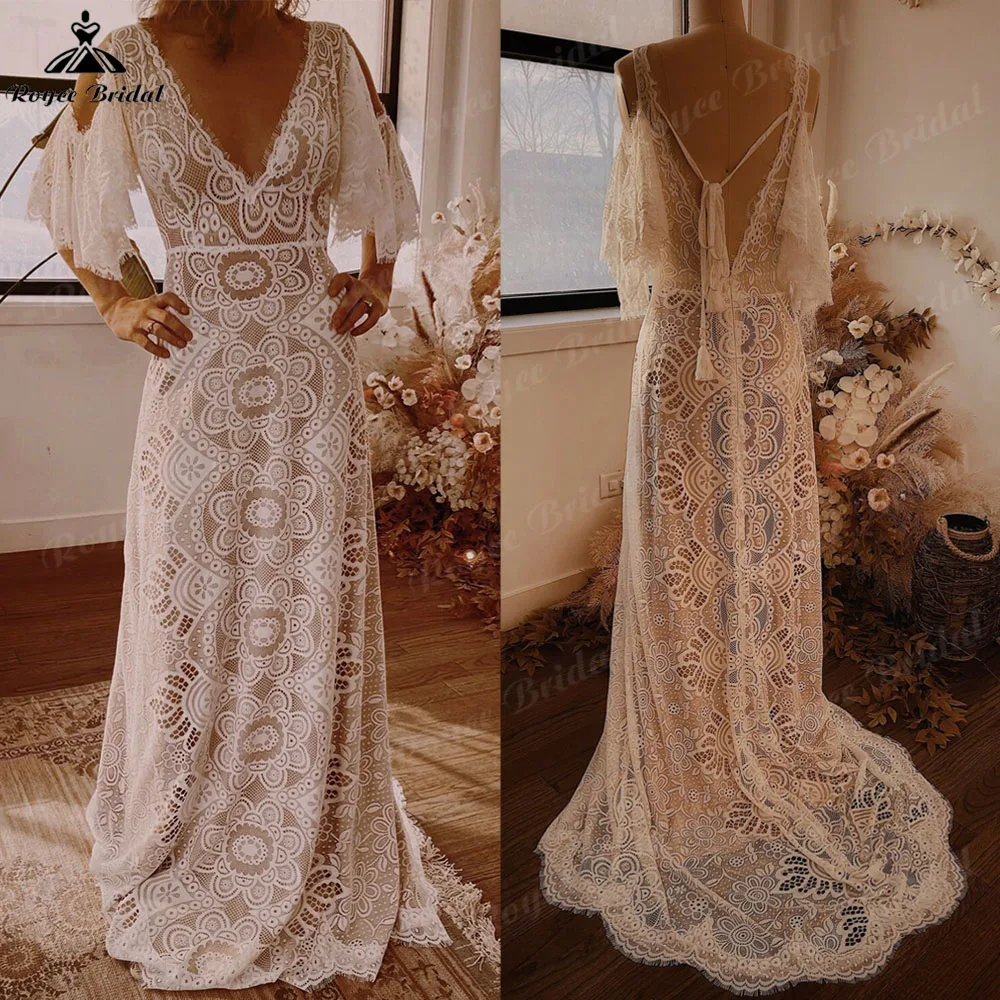 Sexy Beach Bohemian V Neck Lace Boho Backless Wedding Dress for Women 2023 Vestidos Noivas Bridal Gown Off Shoulder Short Sleeve