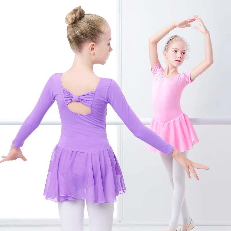 Cotton Kids Girls Long/Short Sleeve Costumes Ballet Dress Party Training Chiffon Skirted Ballet Leotard Dancewear