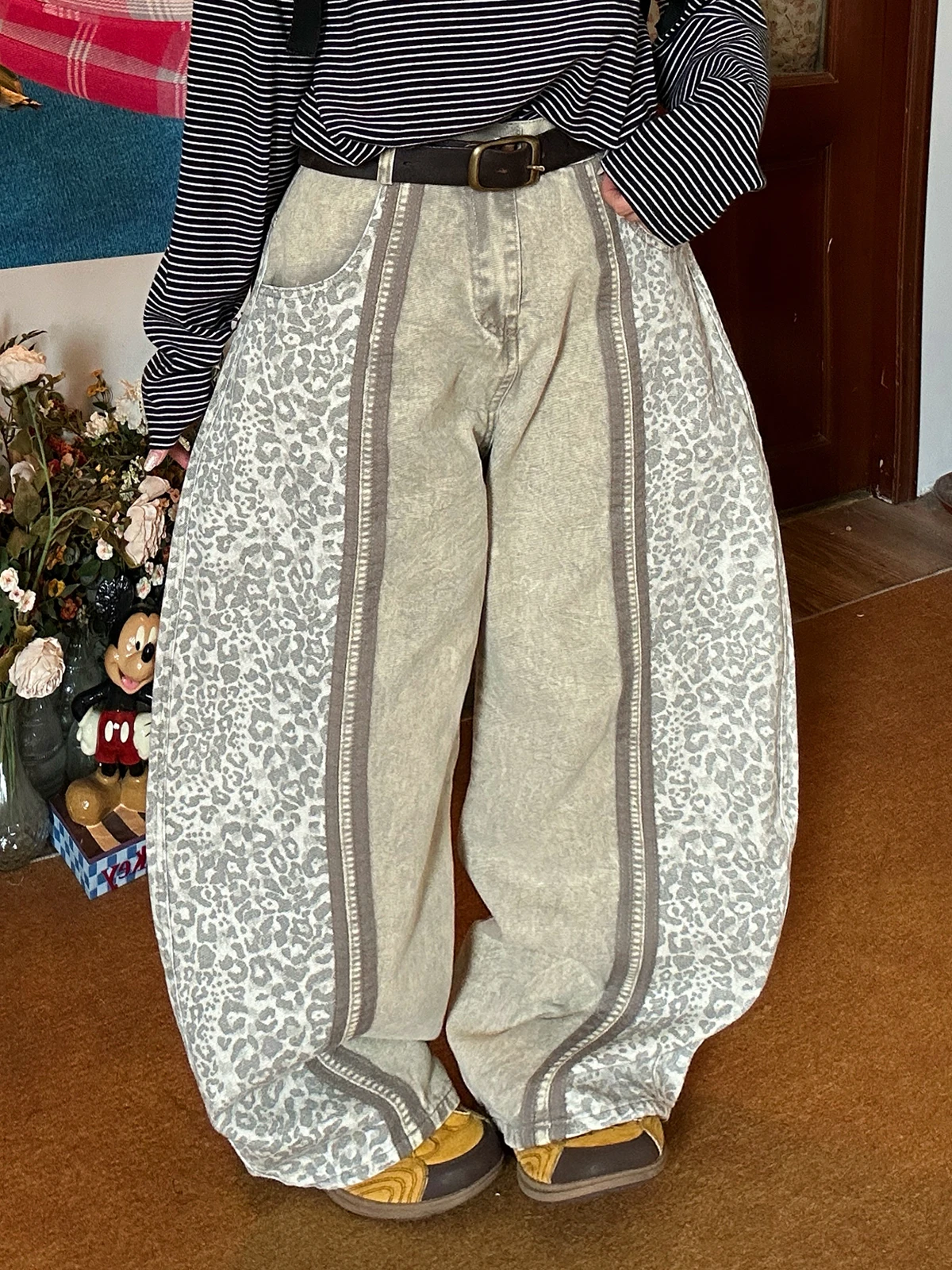 

Retro Leopard Print Wide Leg Pants Women's Spring New High Waist Tapered Pants Asymmetrical Design Casual Loose Fit Jeans