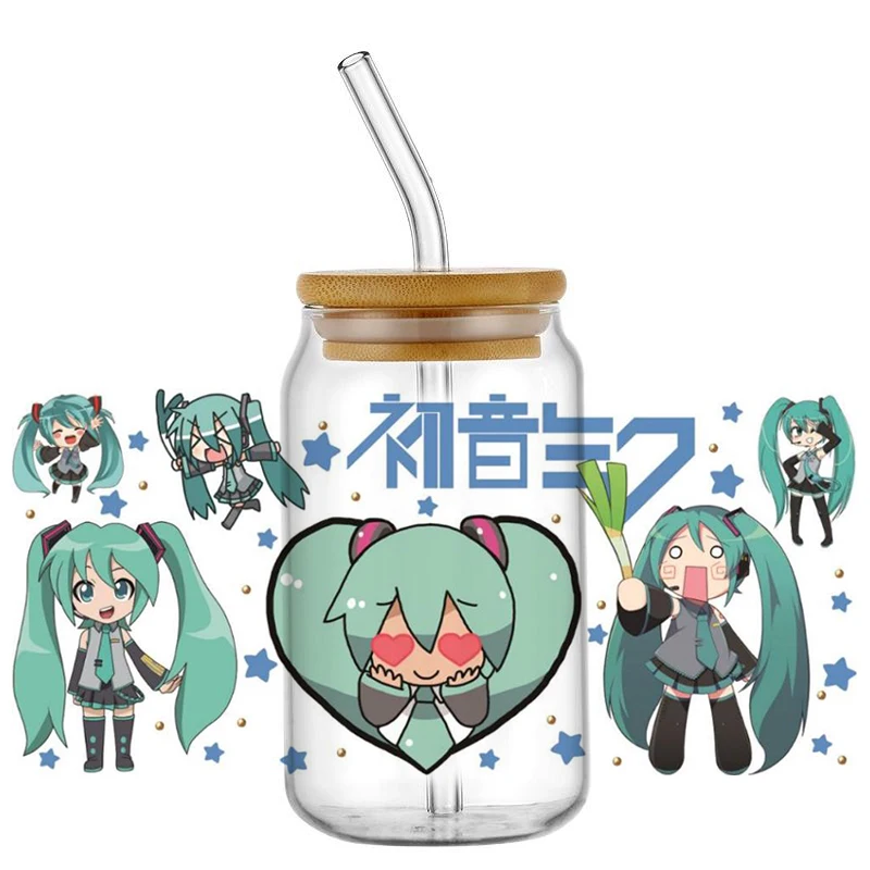 Hatsune Miku UV DTF Cup Wrap 16oz Uvdtf Bottle Glass DIY Selfadhesive Washable Transfer Stickers Durable Glass Car Decals view 2