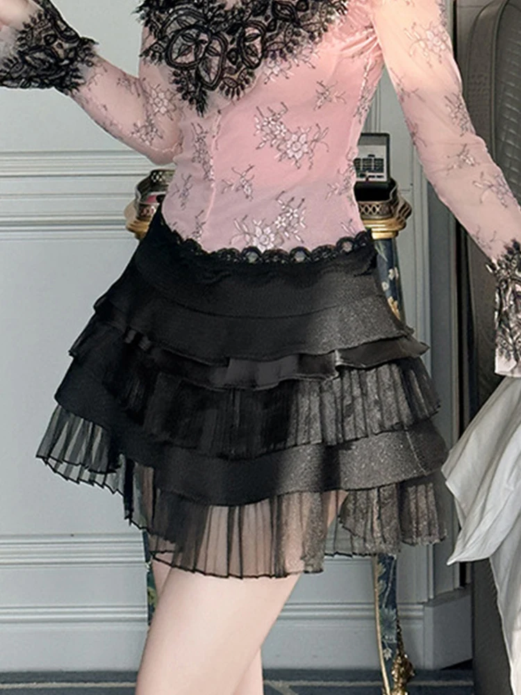 

Women Clothes Elegant French Cake Ball Skirt Mujer Exquisite Chic Black Ruffles Short Skirts Female Party Street Fiesta Cute