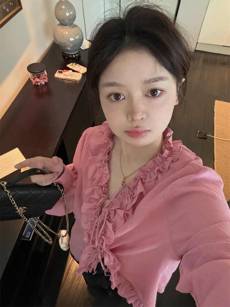 

Long Sve Vertical Striped irt Women's Sle Musoom Ruffle Hem Tie Waist Korean Version Loose Fit Cotton Spring Summer