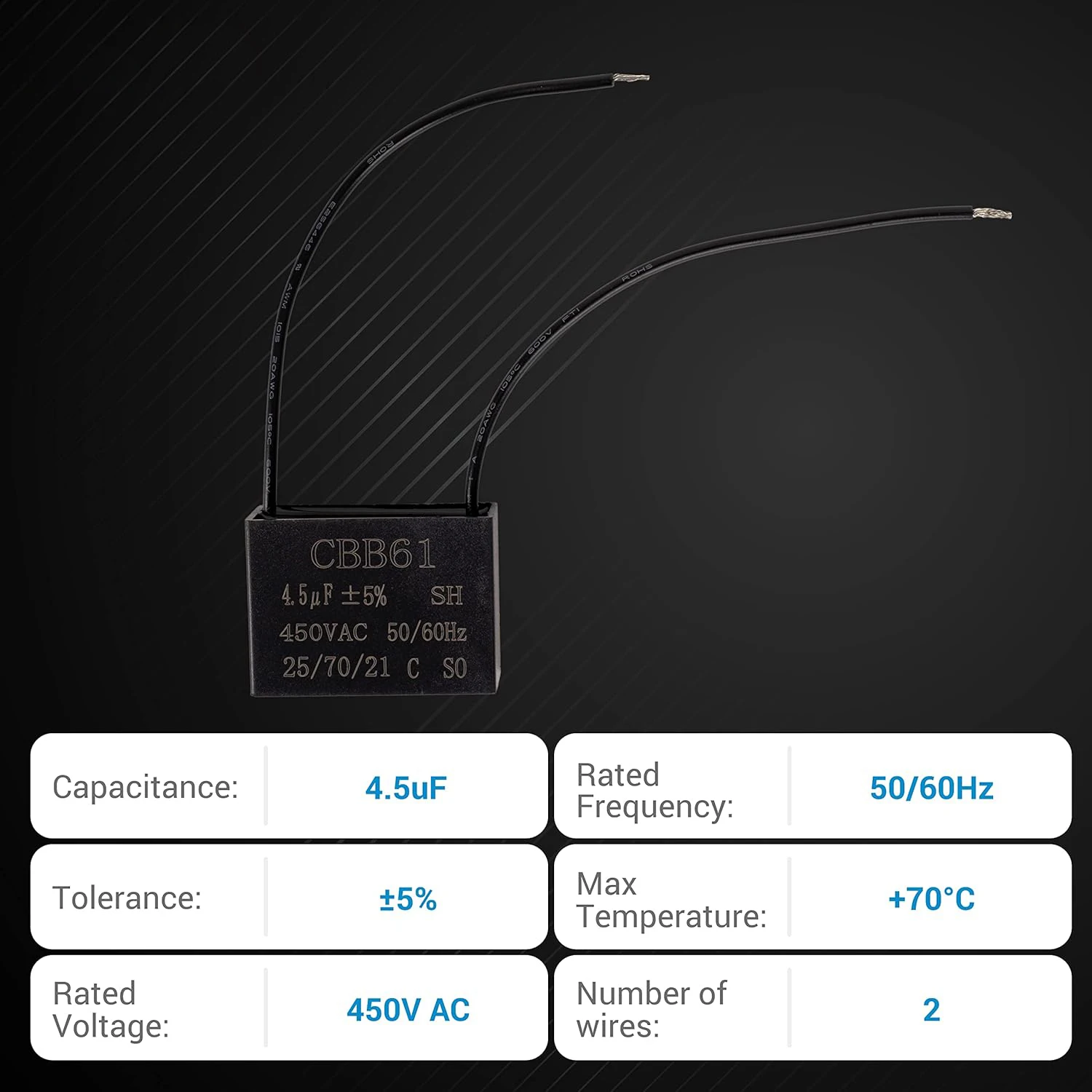 2 pz CBB61 4.5μF/4.5uF 450 V Condensatore per Ventilatore da Soffitto a 2 Fili Pellicola in Polipropilene Metallizzato per Generatore di Motore della Pompa del Ventilatore Elettrico