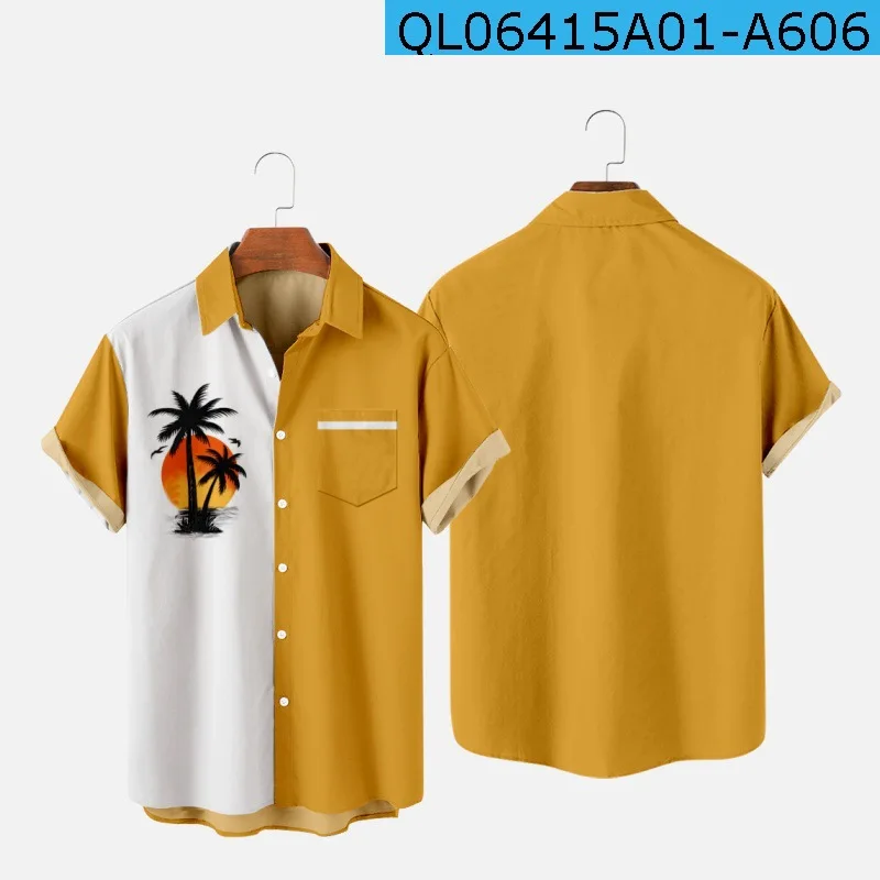 

New Men's Hawaiian Shirts Stitching Color Coconut Tree Print Casual Vintage Short Sleeve Summer Tops Streetwear