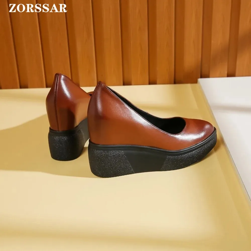 2024 New Wedges Shoe Platform Elegant Boat Shoes Slip-on Pumps Genuine Cow Leather Women\'s Hidden High Heels Shallow Office Lady