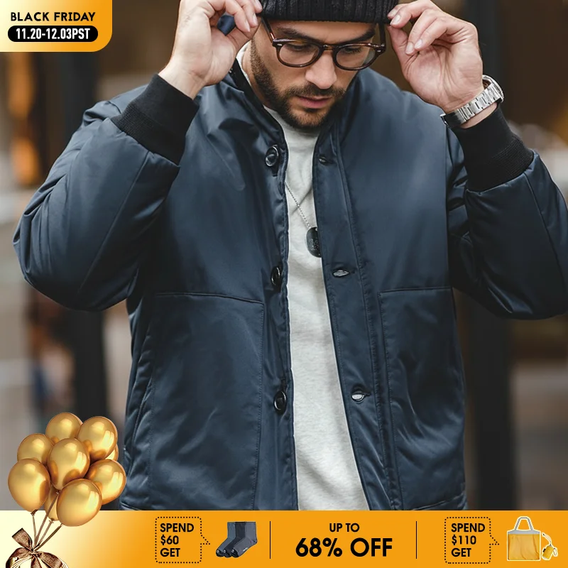 Maden 남성 개량판 A1 폭격기 재킷 스탠드칼라 두툼한 솜저고리 겨울 바람막이 보온 단추 한개 외투 녹색과 남색 선택 가능