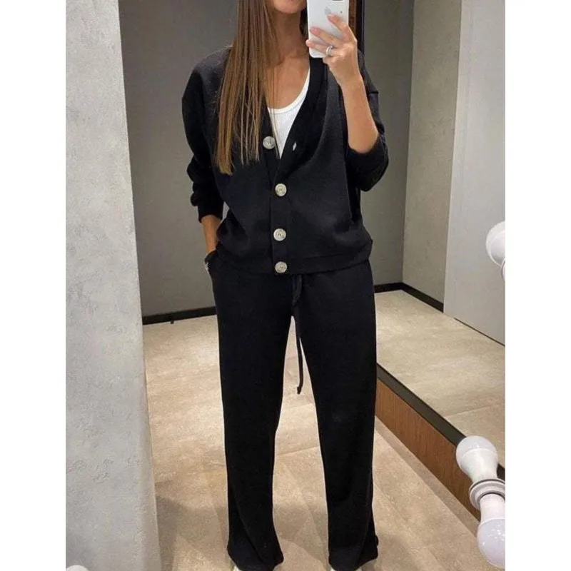 Autumn New Comfortable Casual Sweater Women\'s Suit Solid V-neck Long-sleeved Cardigan Top Jacket Lace-up Sweatpants Fashion Suit