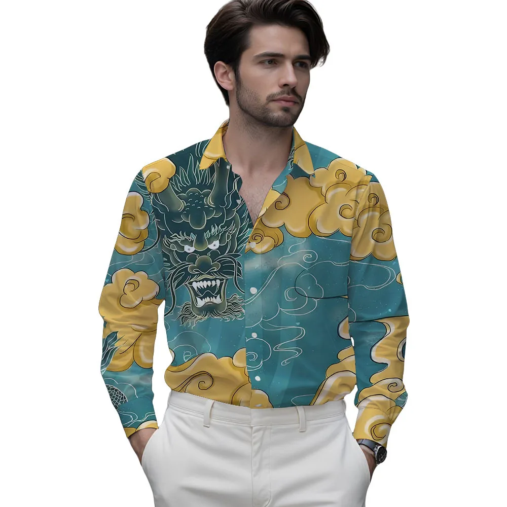

Гавайская мужская рубашка с длинными рукавами и рисунком дракона, модными элементами, простой дизайн, повседневный топ на пуговицах с лацканами, свободный и