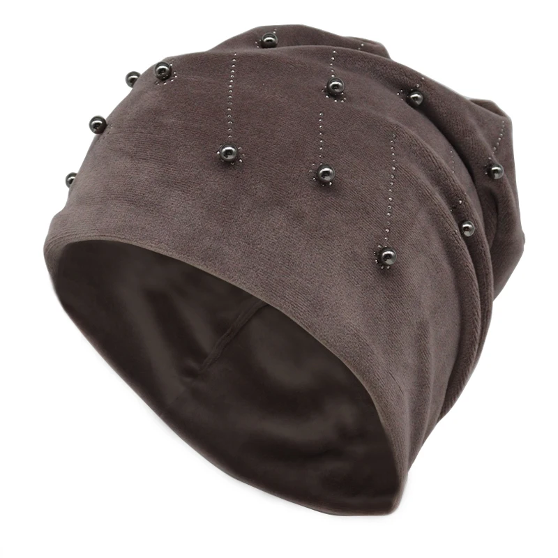 Women\'s Pearls Beanie Winter Velvet Soft Warm Slouchy Beanies Fashion Double layer Skullies Beanies Ladies Hat with Applique