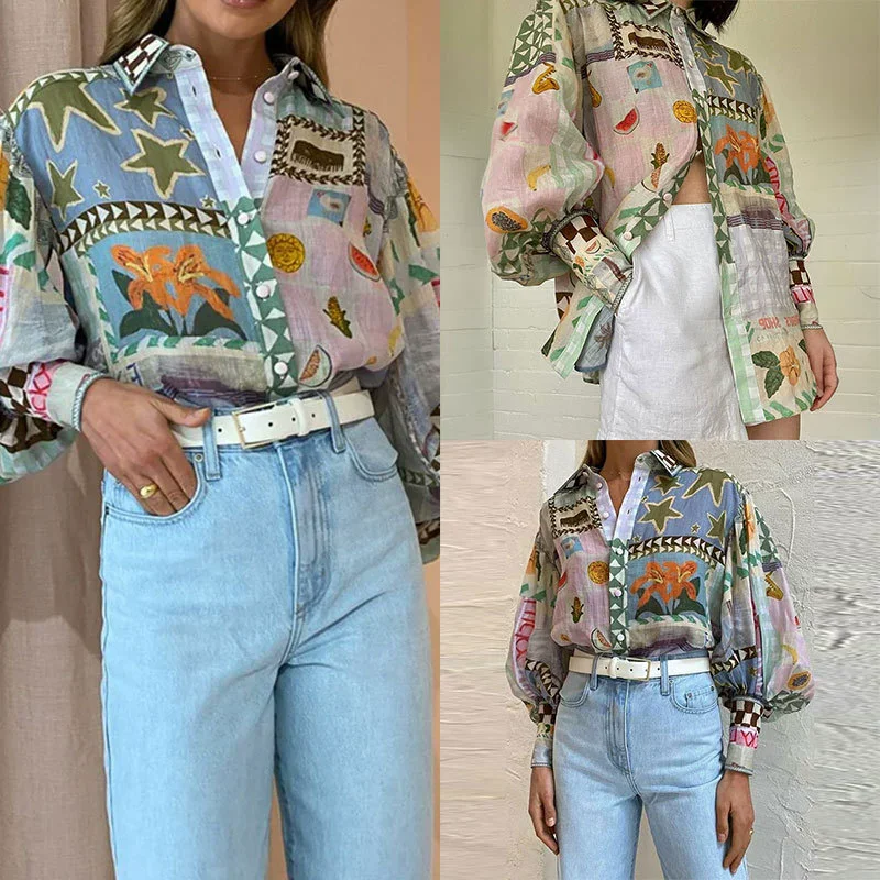 Camisa de manga larga con estampado de flores para mujer, blusa con cuello en V, Top de moda para mujer