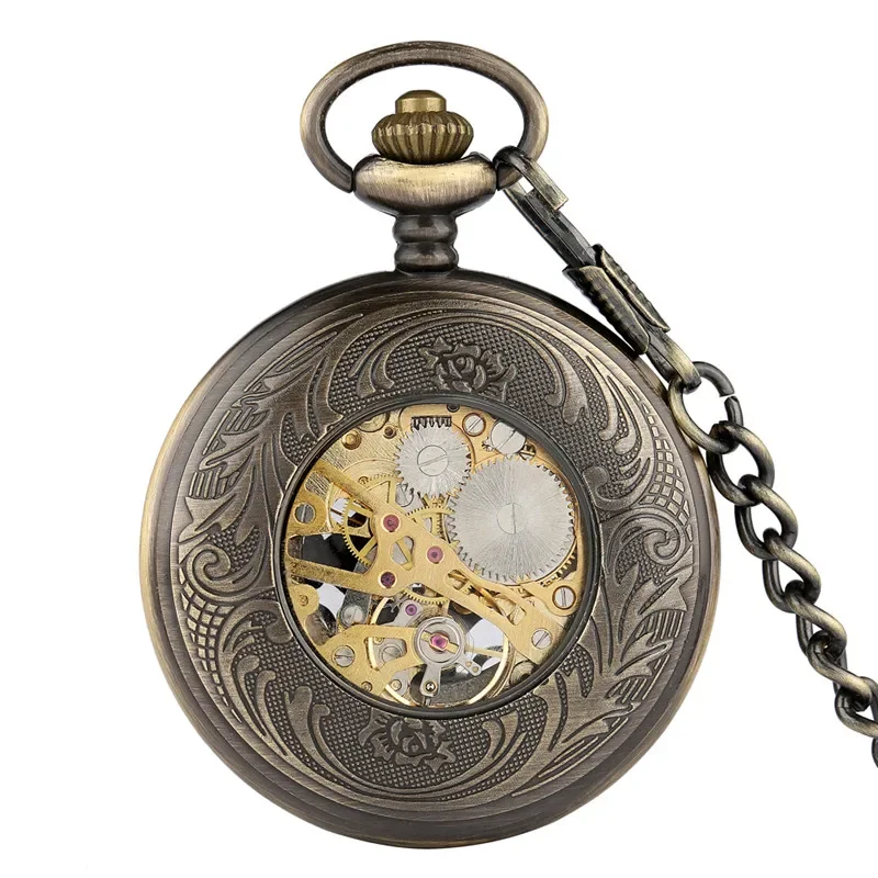 Retro Hollow Knot Design Pocket Watch Half Hunter Handwinding Mechanical Watches with Pendant Chain for Men Women Arabic Number